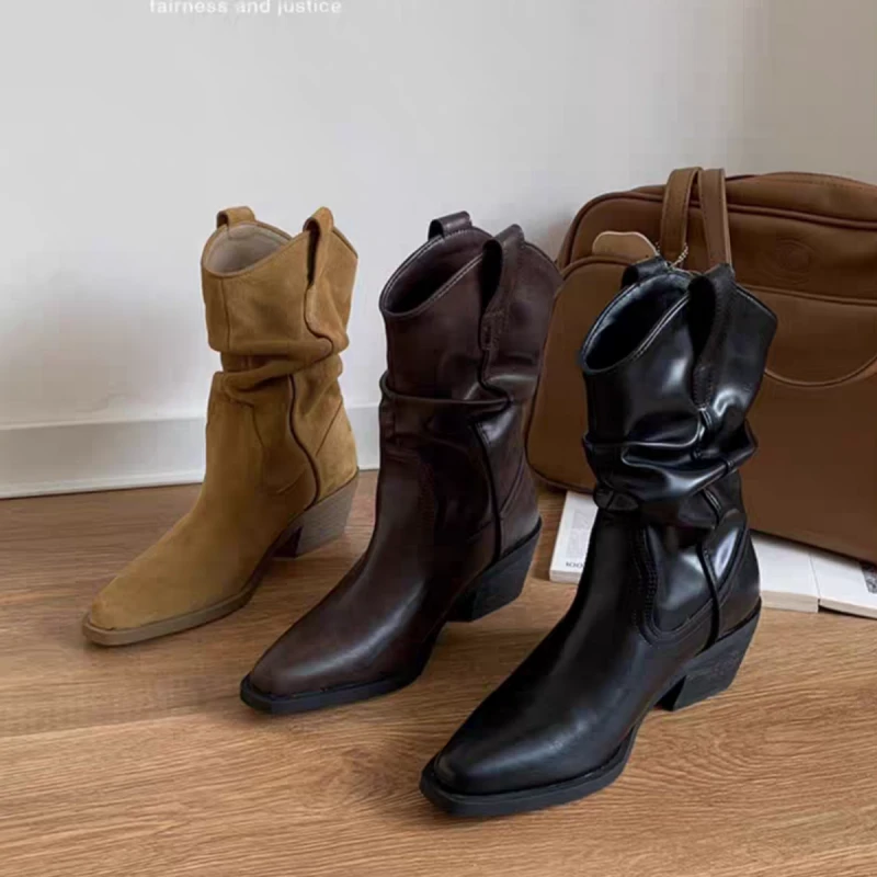 赵露思同款英伦风尖头堆堆靴短靴女高跟复古西部牛仔骑士靴马丁靴