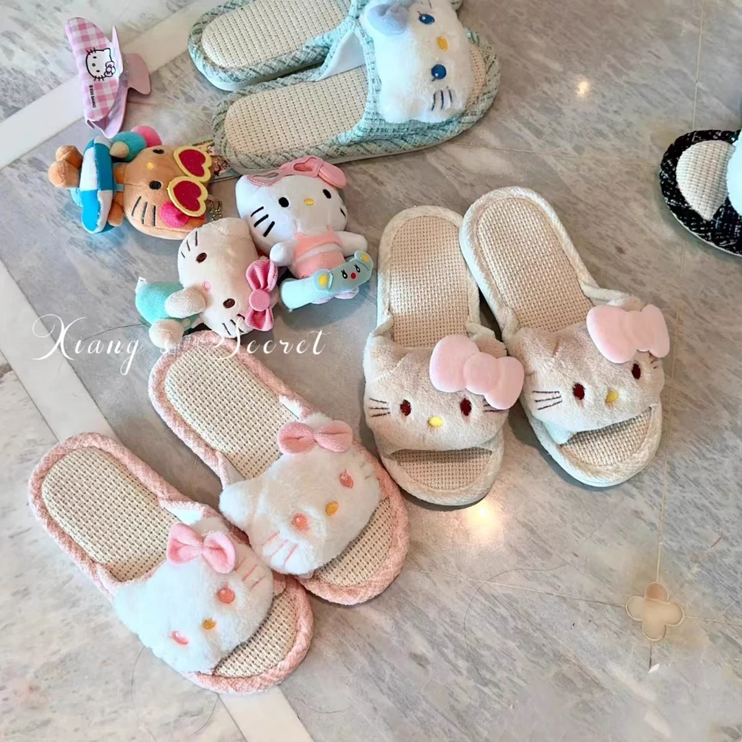 超可爱~2025款日系可爱亚麻kitty布艺凉席拖鞋居家透气吸汗防滑踩