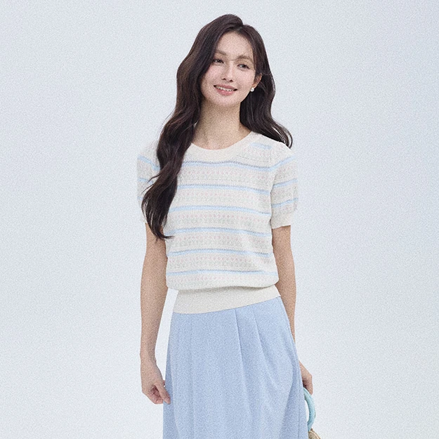 【条纹圆领针织衫】茵曼夏季时尚气质休闲百搭短袖薄款修身透气上衣