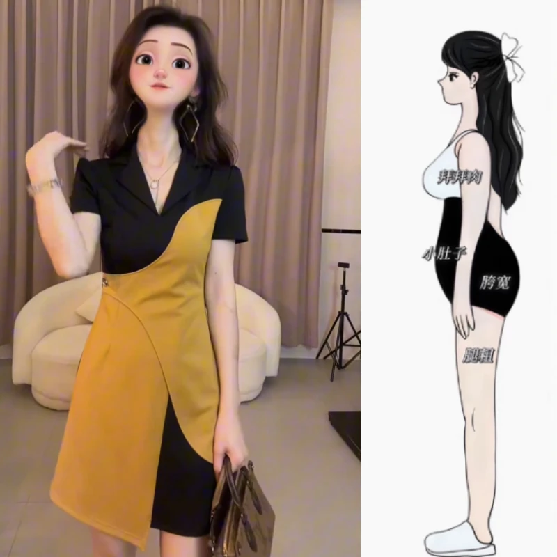 女装夏季新款设计感短袖连衣裙拼接薄款洋气时尚减龄收腰显瘦短裙