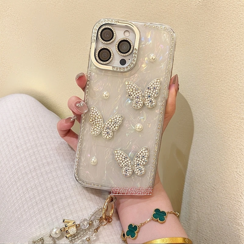气质贝壳纹蝴蝶闪钻边框适用苹果16promax手机壳15/14/13/12创意