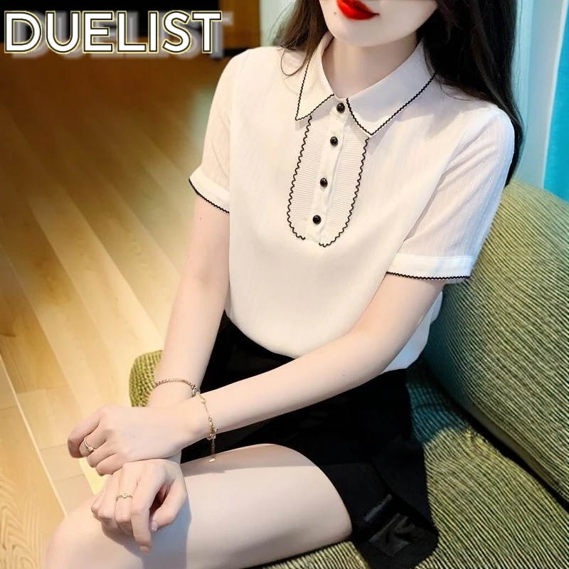 DUELIST显瘦白色短袖雪纺衬衫女装夏季新款时尚 百搭上衣洋气韩版