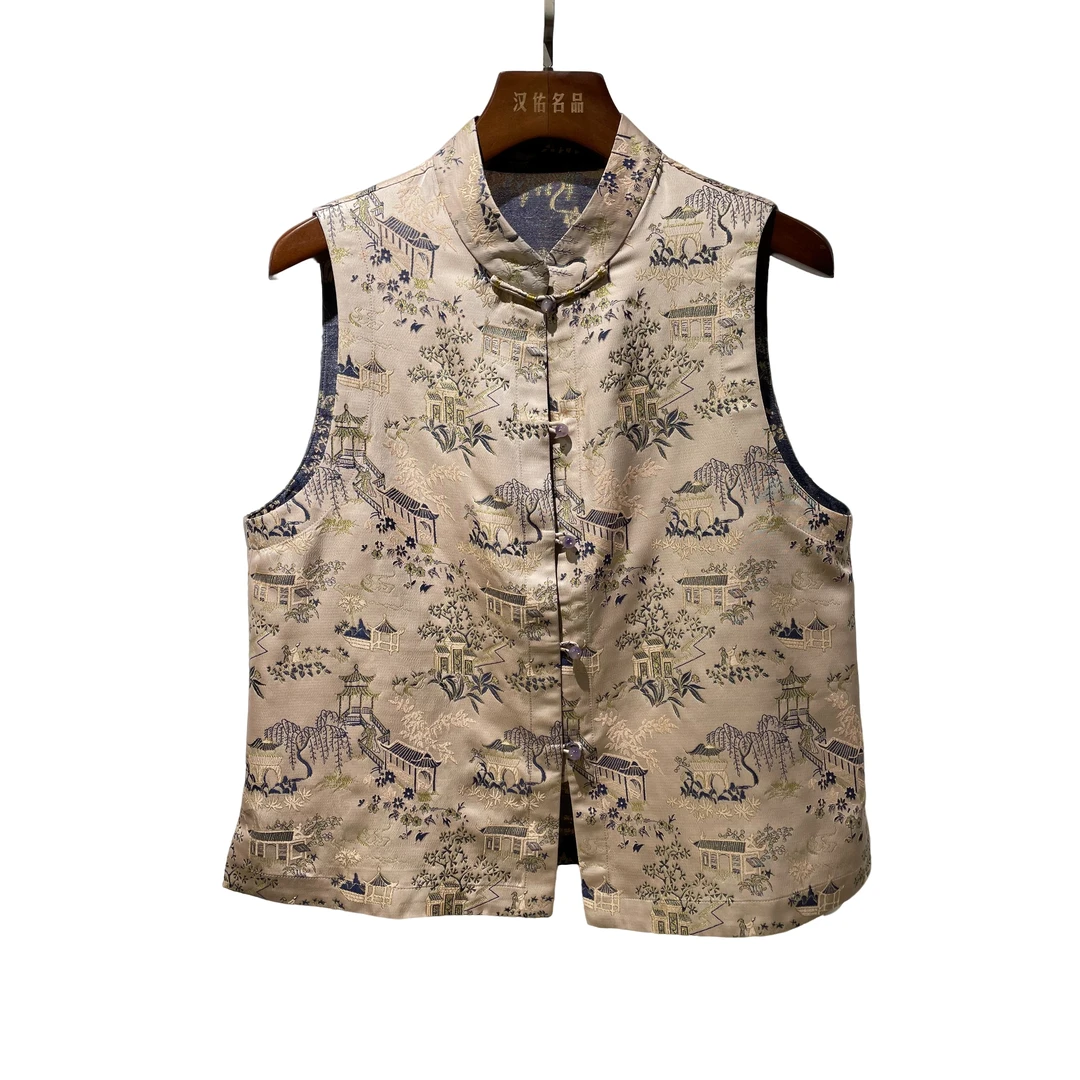 [亭台楼阁]新中式宋锦桑蚕丝国风双面穿马甲X-072