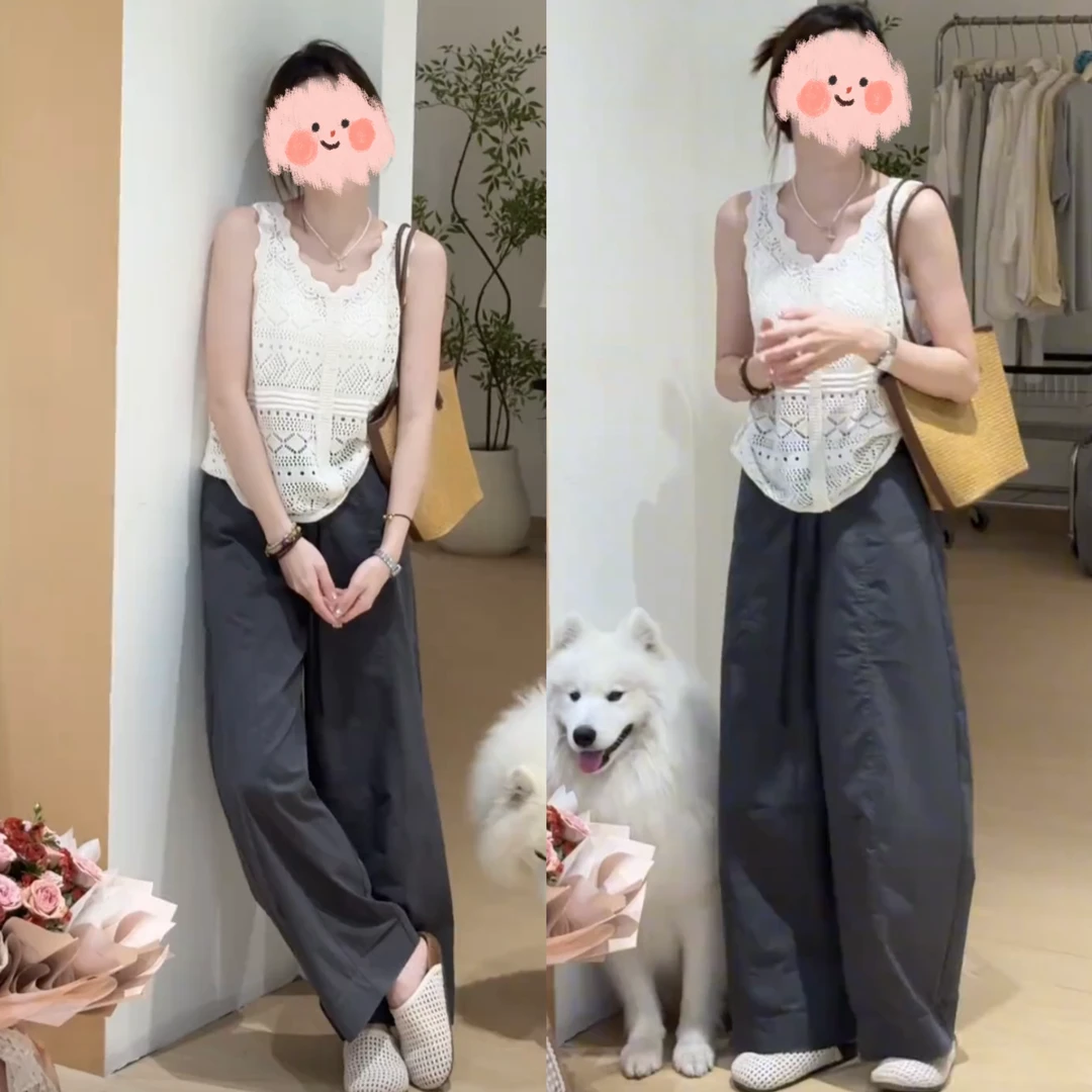 2025夏季新款米白色钩花镂空V领针织背心显瘦休闲宽松百搭阔腿裤