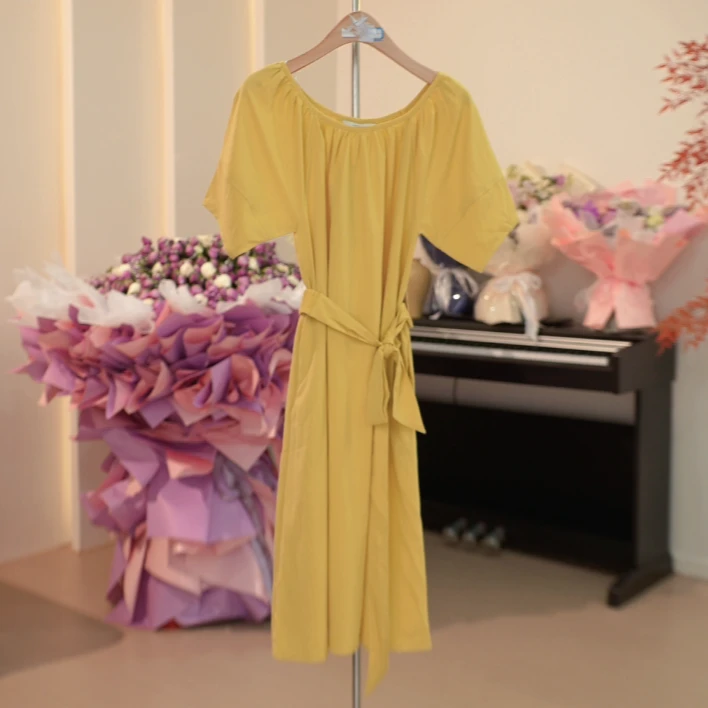 G248 春夏款圆领纯色收腰显瘦中长款连衣裙 4A68