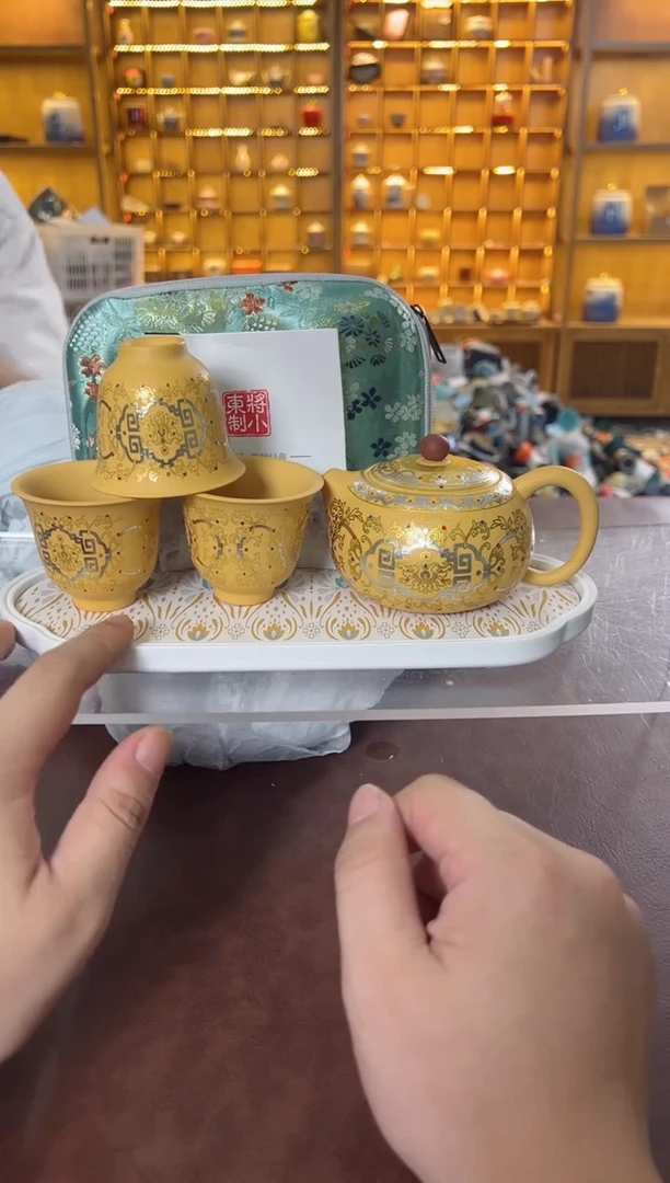 瓷片鸣盏居11111111黄段泥金银错西施壶旅行茶具