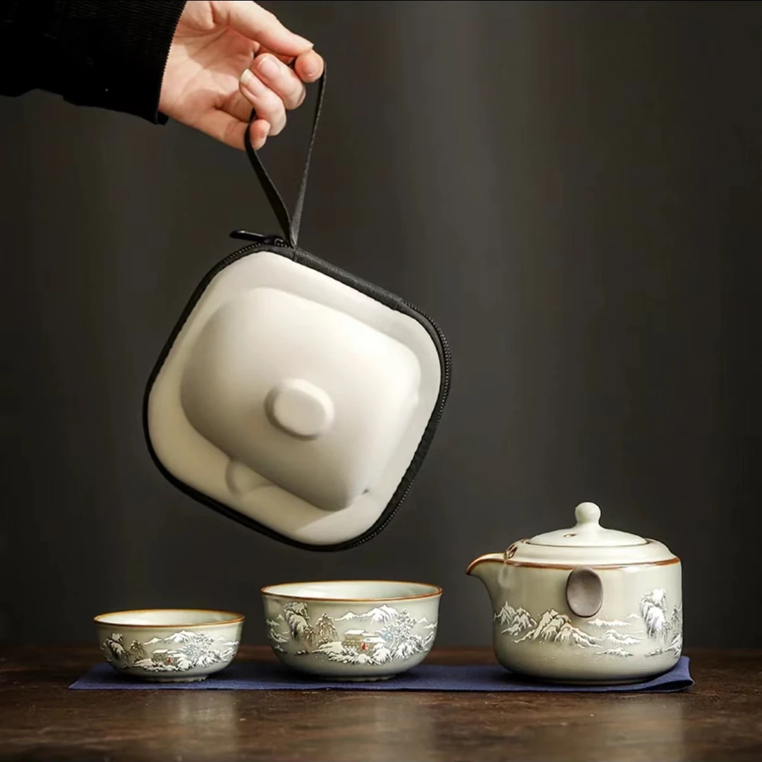 KK0548-雪山车载陶瓷白瓷户外手抓壶旅行套