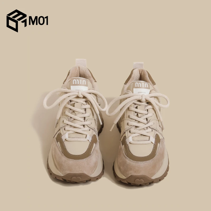 M01厚底阿甘鞋女2025秋冬季加绒小众复古拼色大码德训运动老爹鞋