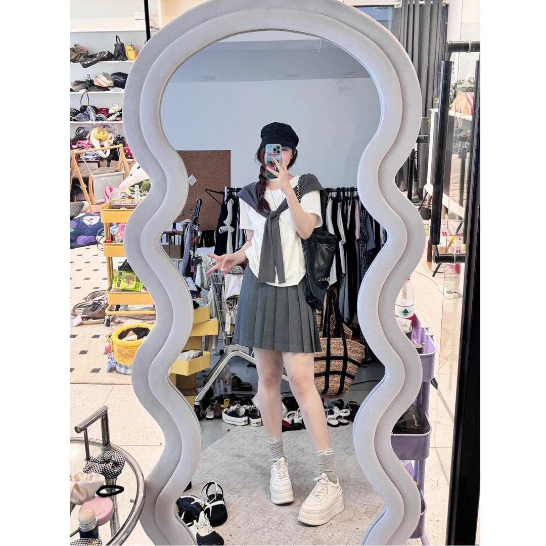 晶咕【自定义风格】披肩+宽松圆领短袖上衣+高腰长短版半身裙