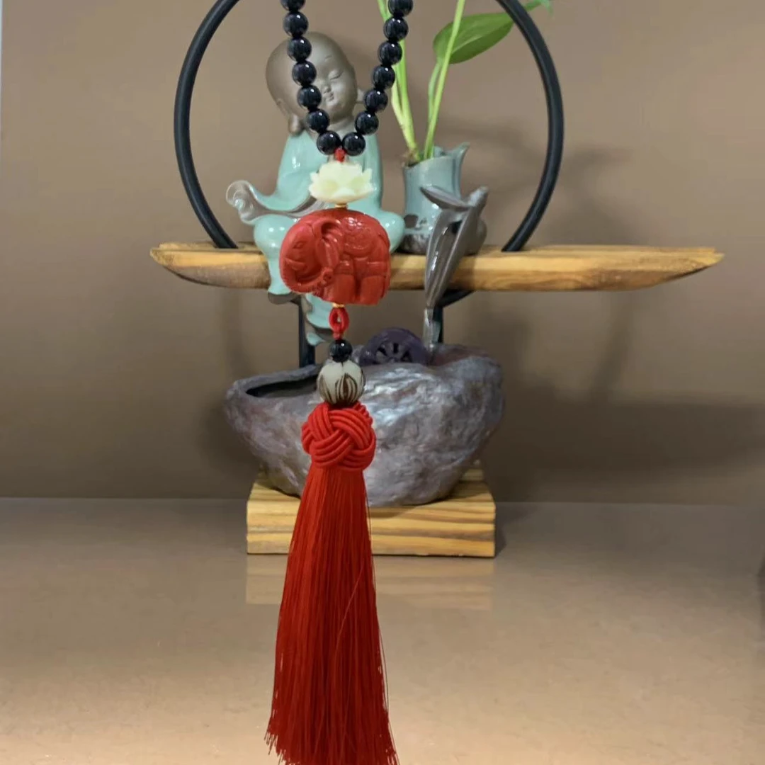 含辰砂工艺品朱砂吉祥大象手工编织高级感名族风随身汽车挂饰礼物