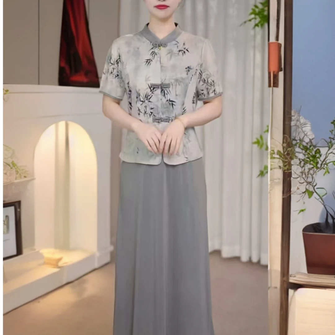 9806-中国风时尚假两件短袖连衣裙显瘦夏季唐装女装中式裙子A仓