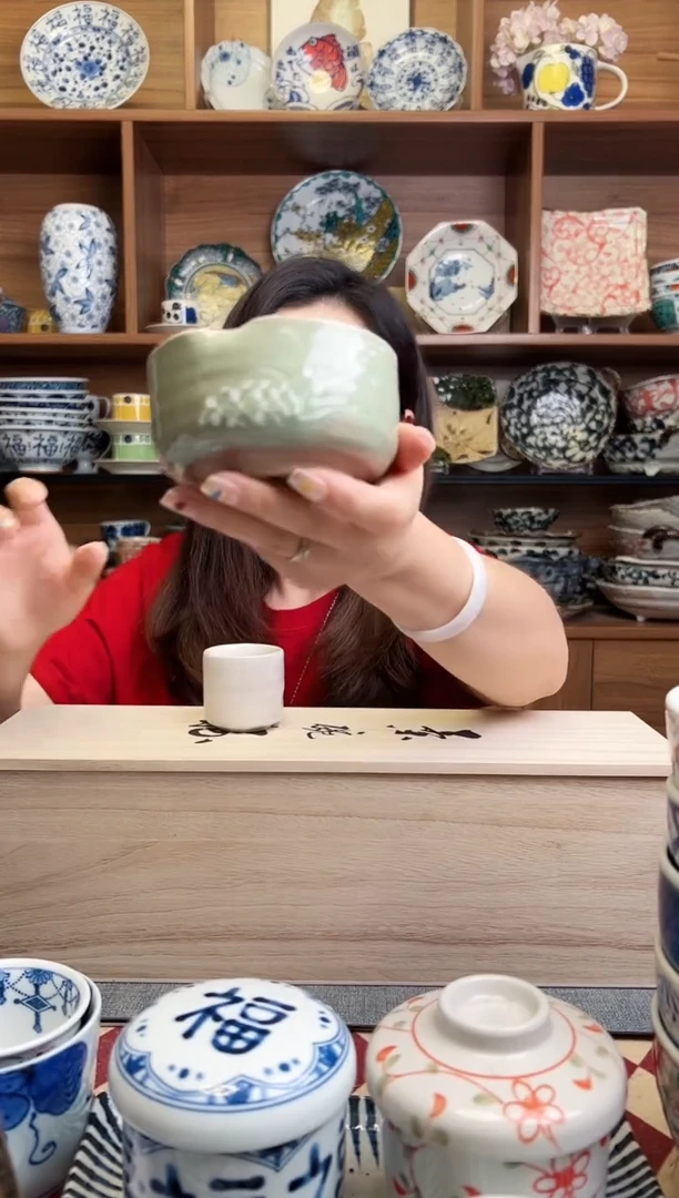 瓷片涩草志野 三折边茶碗