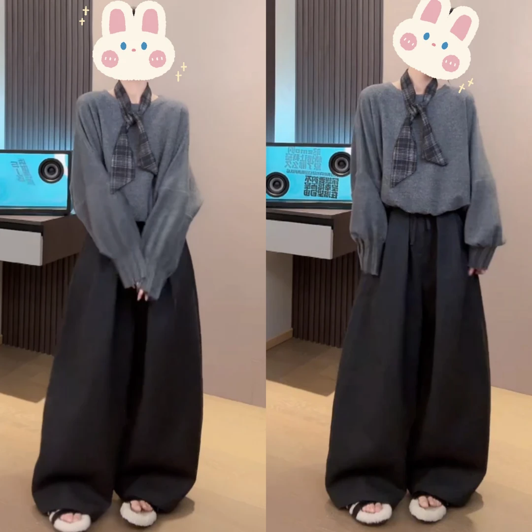 刀裤百搭长裤+圆领磨毛卫衣带丝巾BB50457