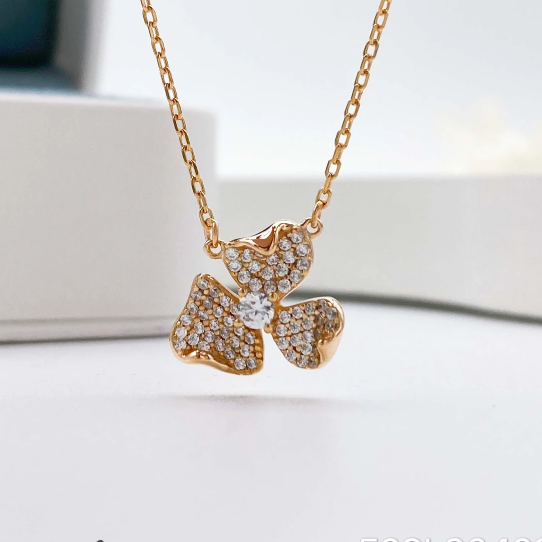 坠链均925银合成锆石 欧美风甜美风镶钻花瓣百搭饰品坠链