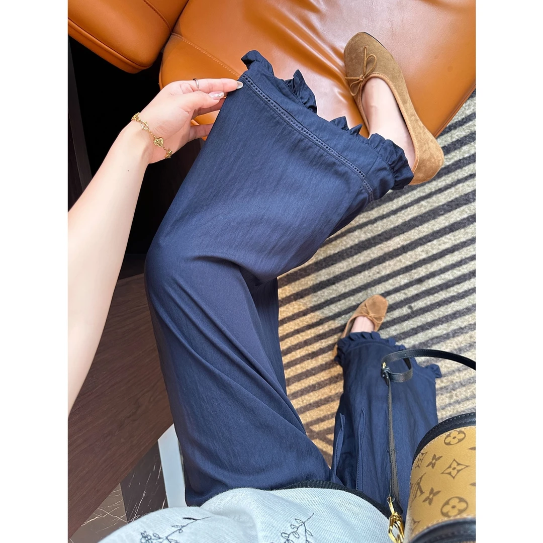 设计感镂空花边九分休闲裤女夏季薄款梨形身材显瘦宽松直筒阔腿裤