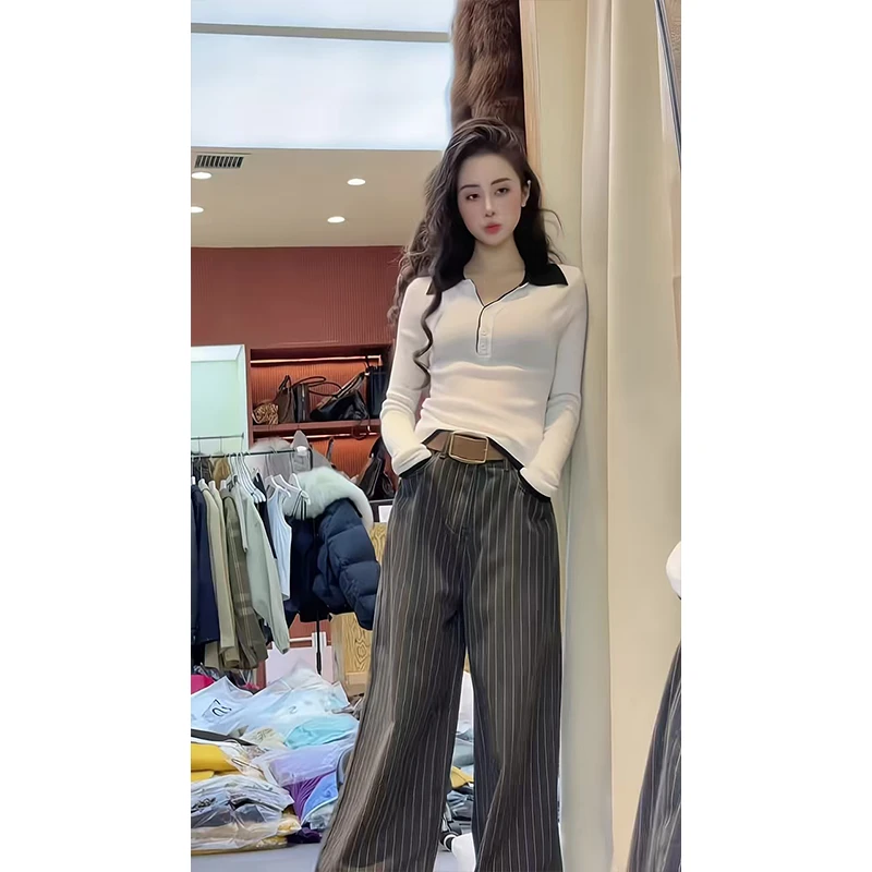 2025新款女士早春季POLO领气质条纹修身显瘦撞色针织衫高腰阔腿裤