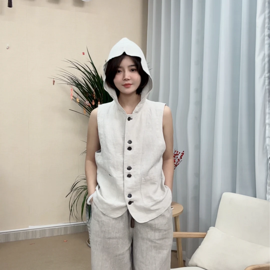 原生100汉麻连帽开衫马甲休闲宽松百搭文艺复古坎肩背心 24304