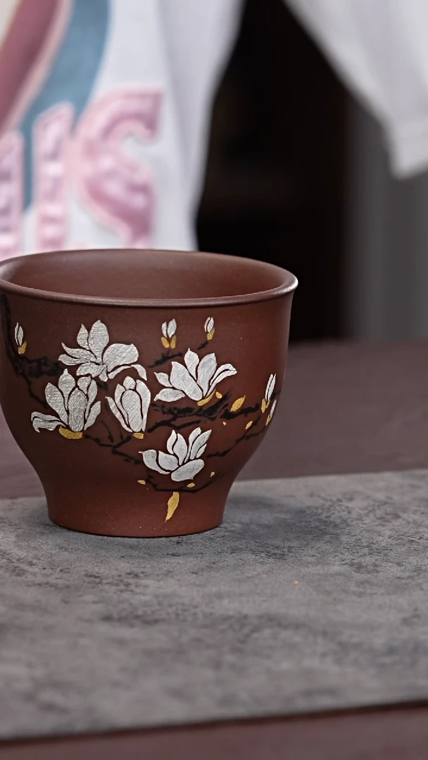 茶杯紫砂柴烧 金银绘 玉兰 主人杯