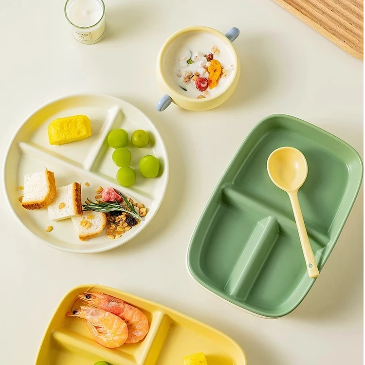 onlycook家用分格餐盘陶瓷减脂餐盘碗勺套装早餐盘子三格分隔饭盘