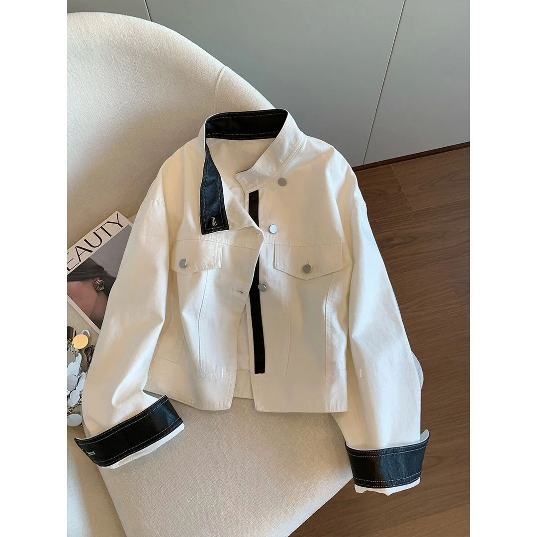 设计感拼皮撞色立领短外套女2025年秋季新款时尚高级休闲工装夹克