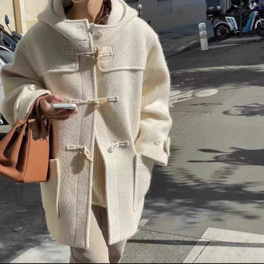 韩国东大门theable25年新款羊绒连帽牛角扣大衣冬季毛厚呢外套