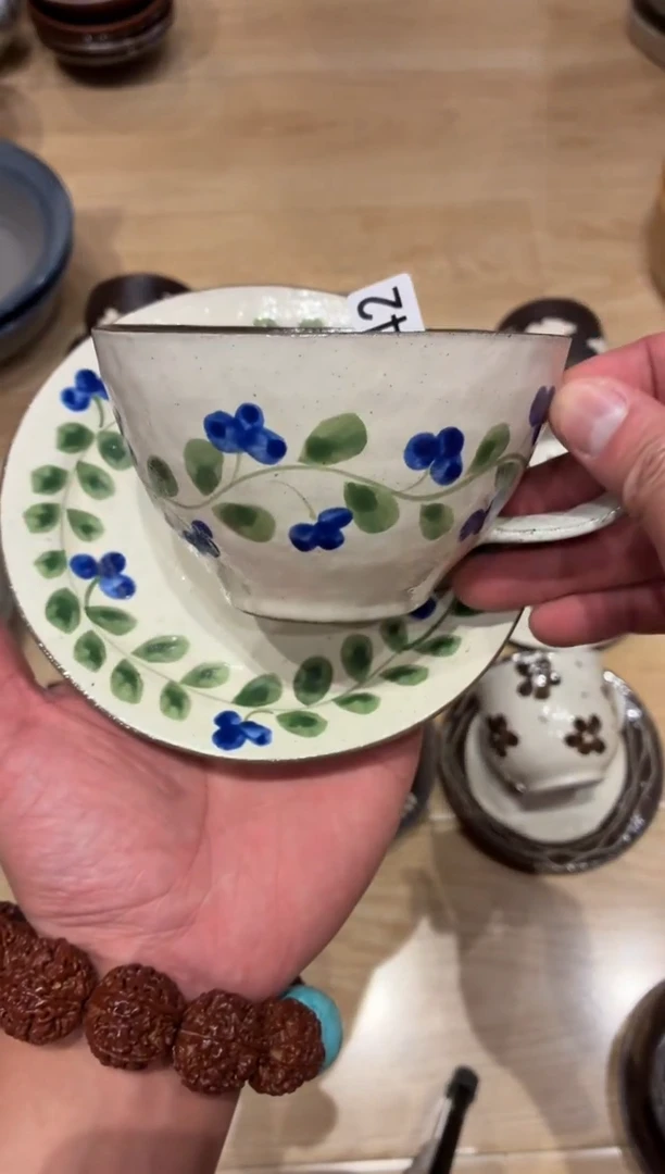 瓷片拾*?842 手绘蓝色咖啡杯一套
