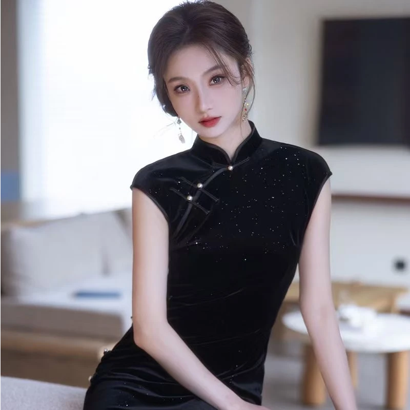 GY【婉清】黑色复古旗袍女新款日常修身钻石绒春秋季显瘦改良中式