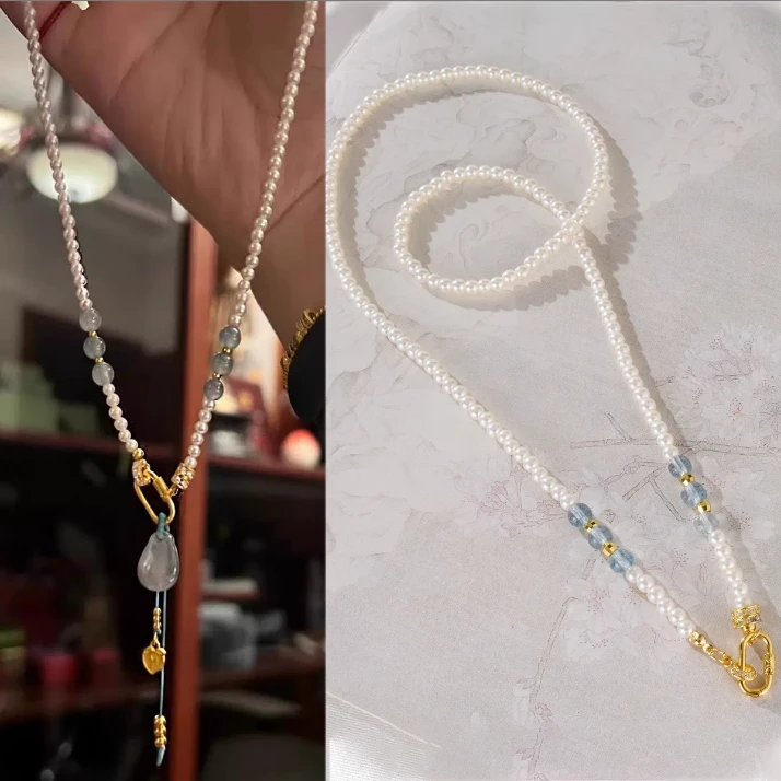 铜合金项链 贝珠项链编绳万能扣百搭万能链蓝宝色锁骨链女吊坠绳