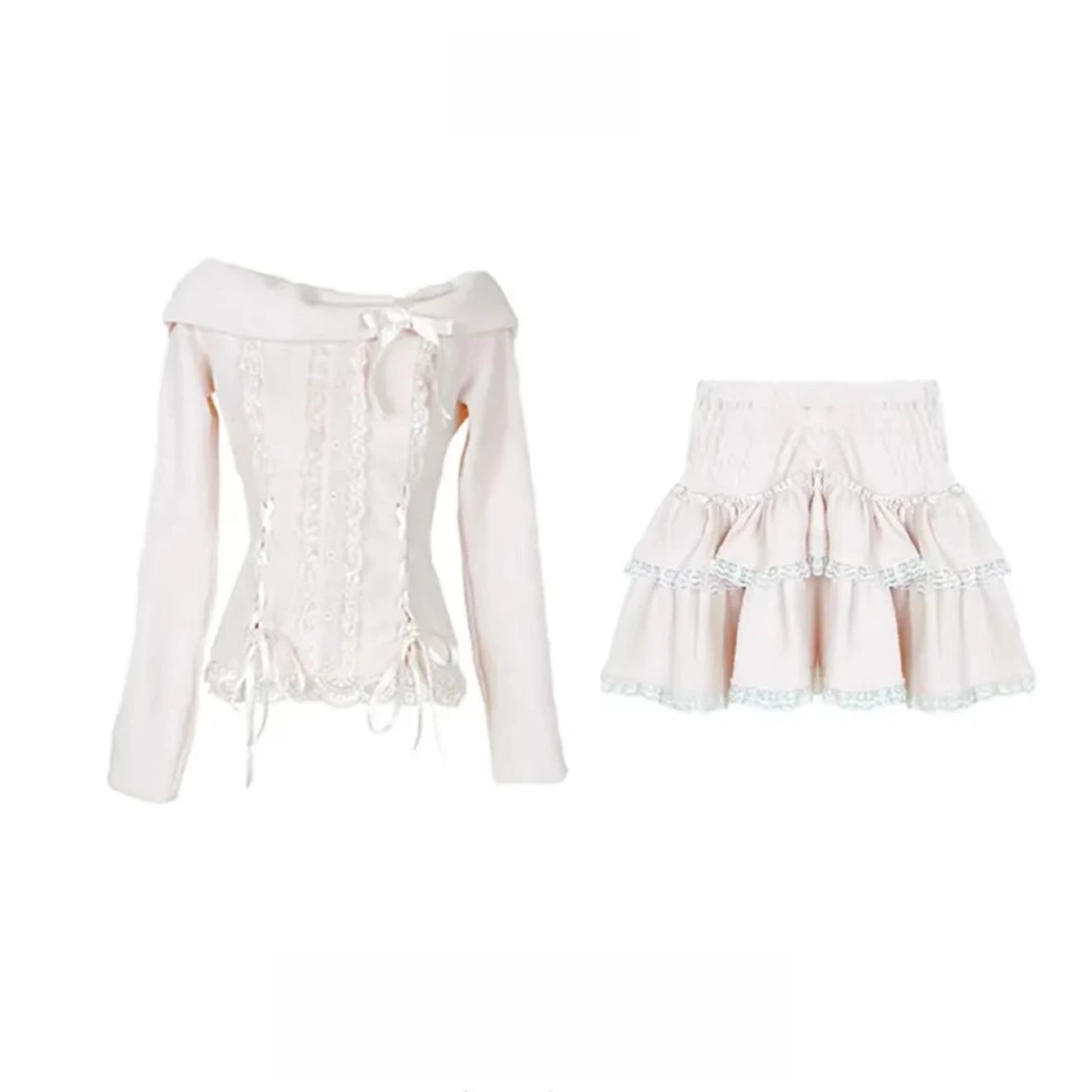 大码法式甜美温柔蝴蝶结拉肩长袖针织衫+蛋糕裙10765