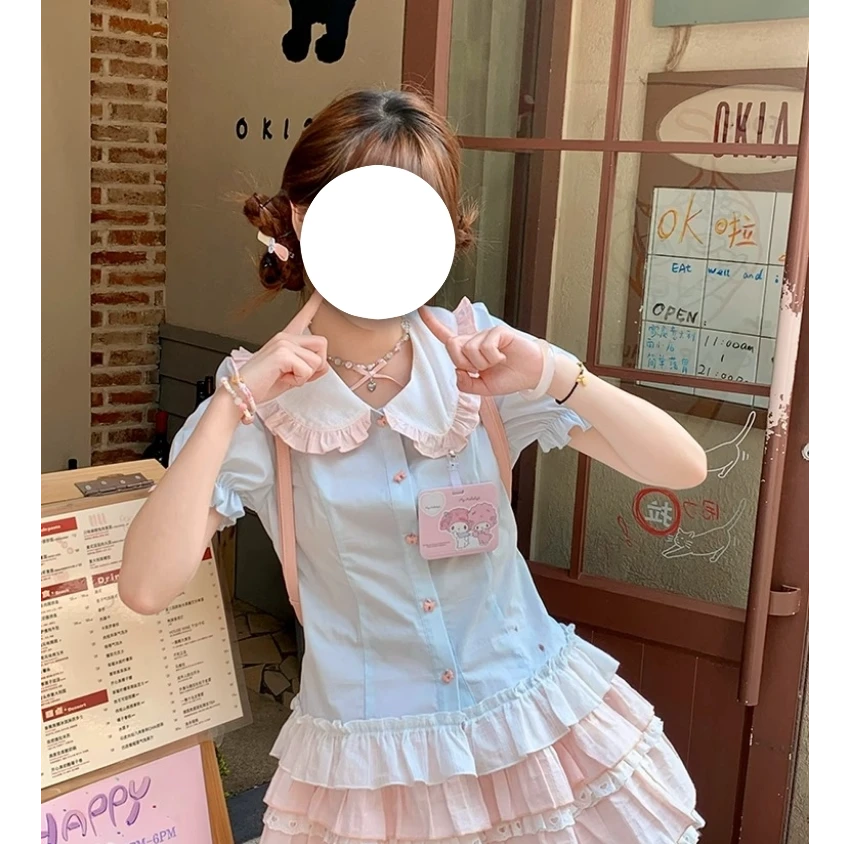 【破价秒发】夏日漂亮小套装蓝撞粉色衬衫上衣+粉色半身裙连衣裙套