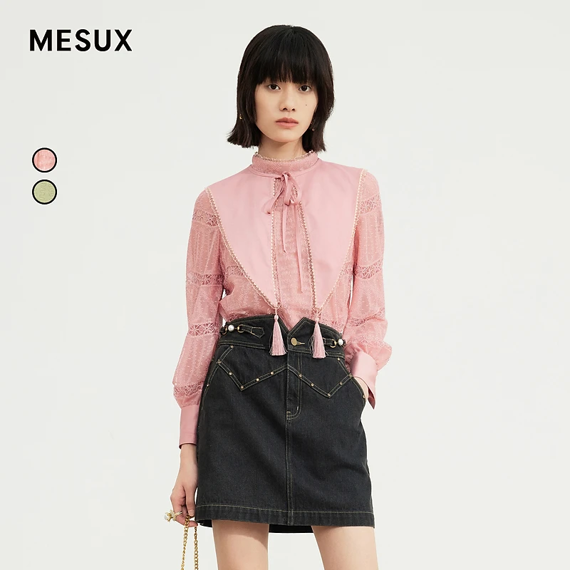 MESUX米岫主题波浪纹刺绣蕾丝拼接长袖上衣MJFUD512