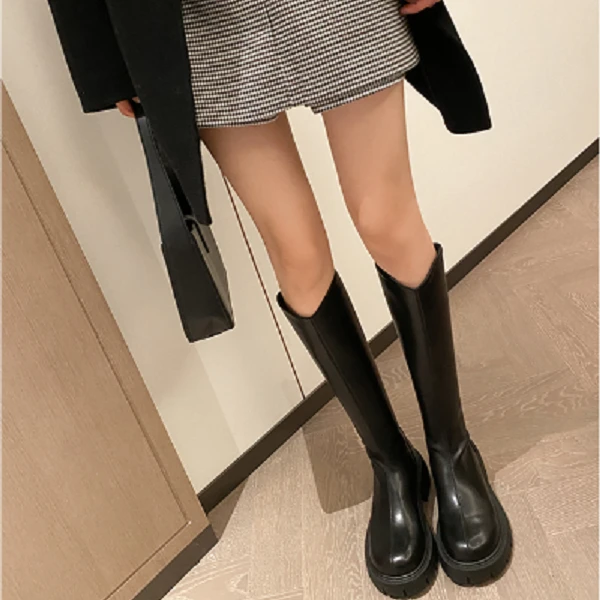 柚子初长靴女大小筒中跟高筒靴V口长筒靴粗跟骑士靴