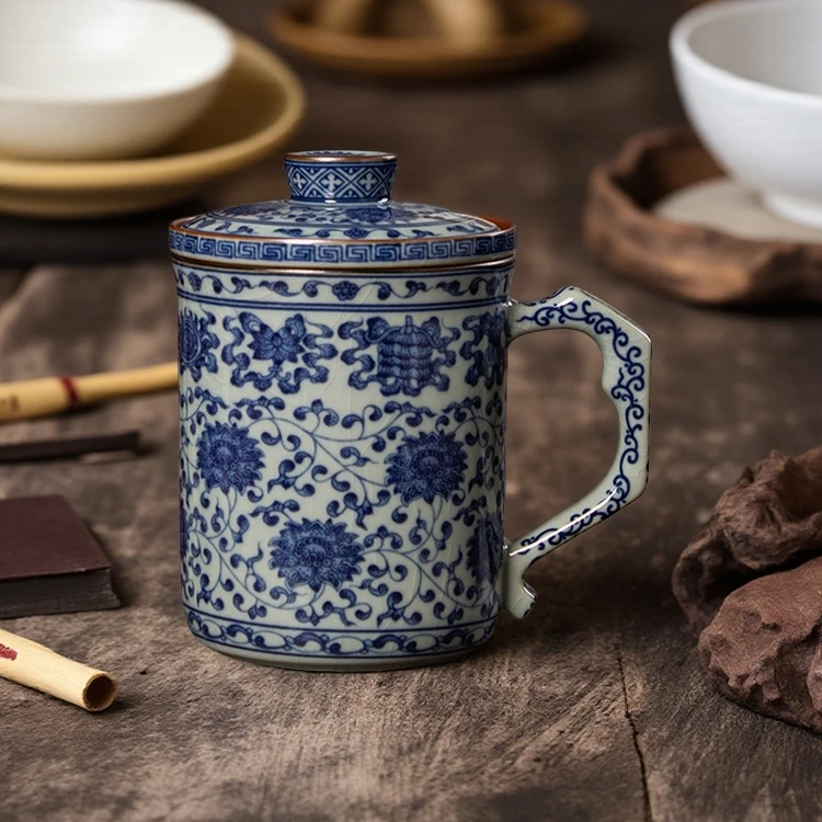 景德镇八宝办公杯冰裂纹茶水分离杯带过滤带盖泡茶杯礼盒装