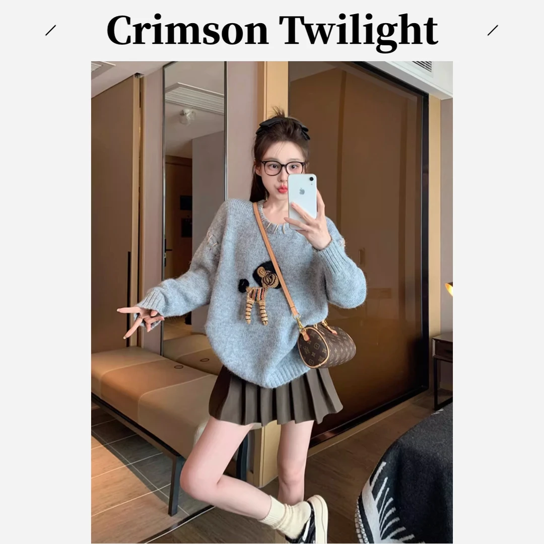 重工玩偶毛衣女秋冬季2025新款加厚慵懒风软糯复古内搭圆领针织衫