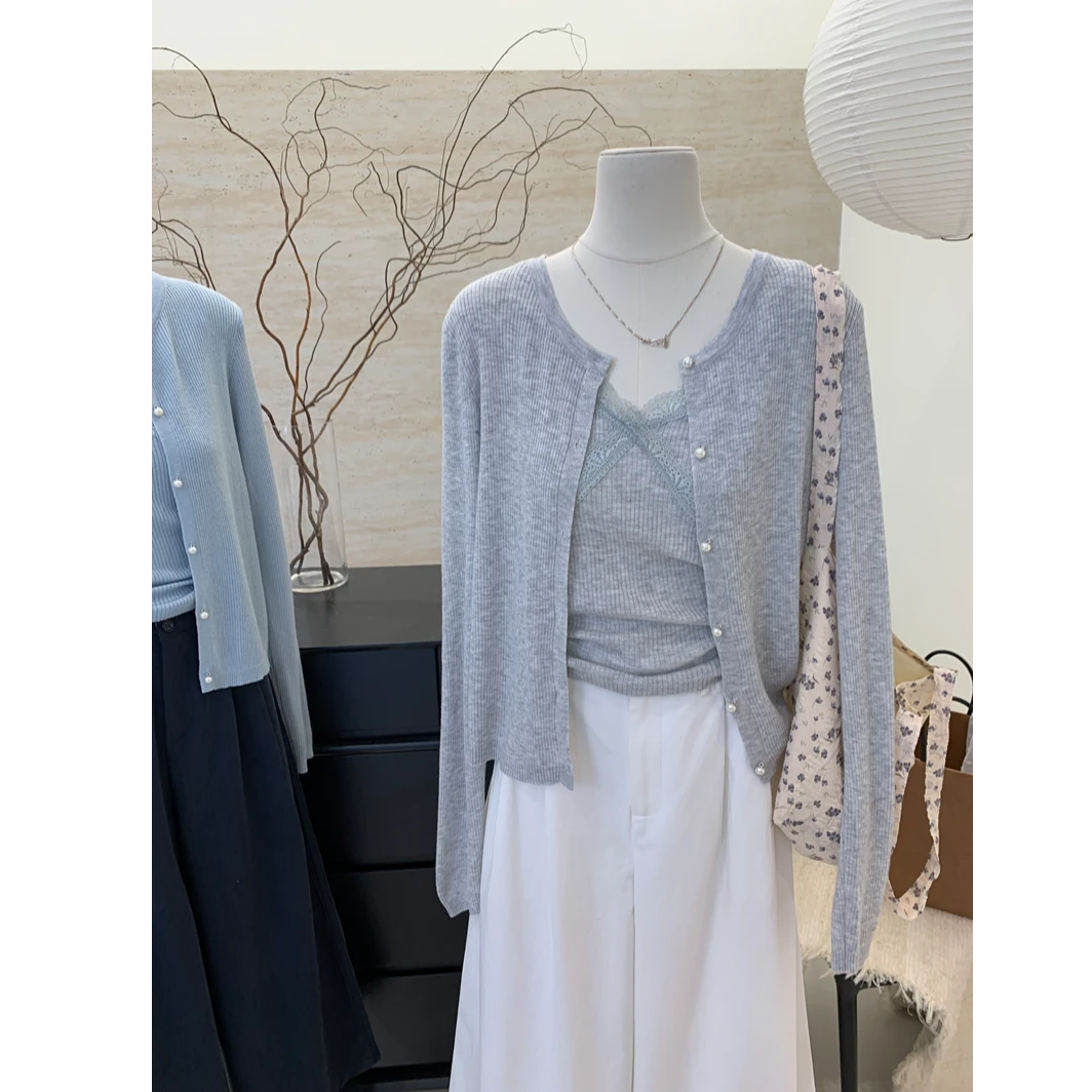 韩系温柔淑女风蕾丝花边吊带背心珍珠扣针织开衫两件套女修身外穿