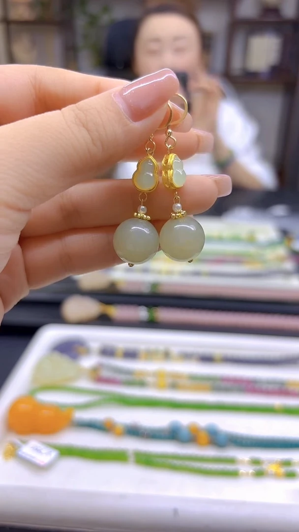 和田玉14K金镶嵌耳饰DIY款E714