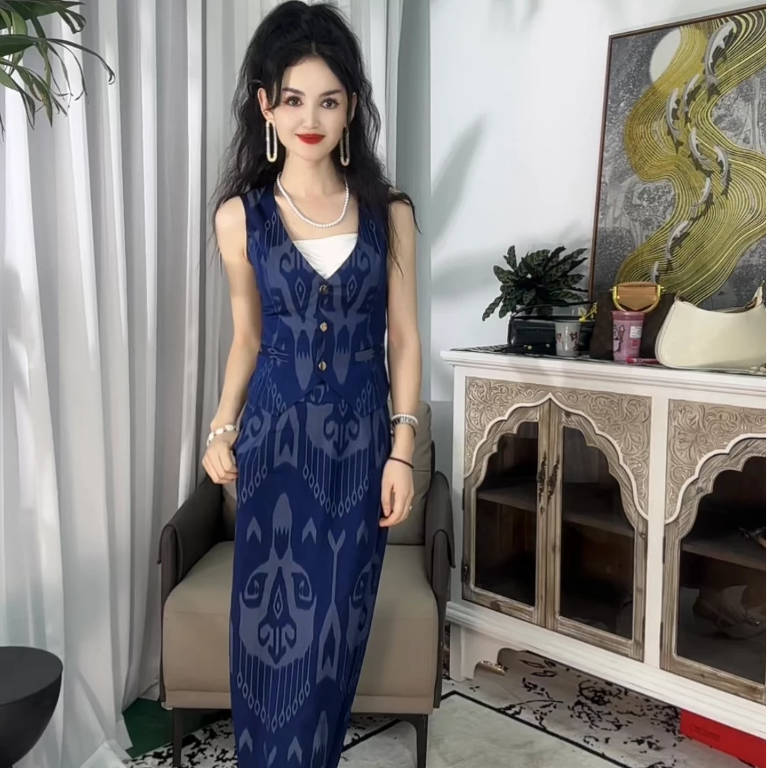 2025轻奢气质 半裙套装 2件套春夏艾特莱斯民族风休闲印花 蓝色