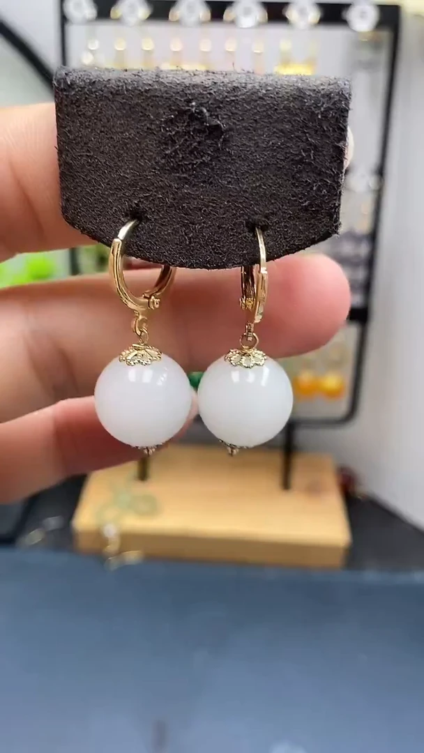 银S925镀金镶嵌和田玉耳饰尺寸14mm耳扣55