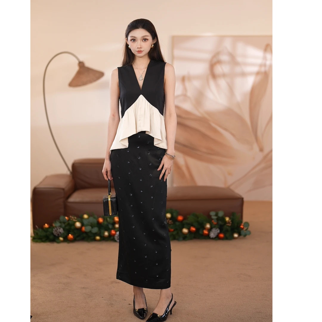 【刘秦熹】 轻奢质感法式黑白时尚上衣半身裙M035-1