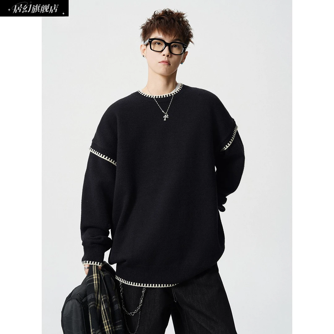 居幻花边设计圆领毛衣男女冬季重磅情侣针织衫复古潮牌学院风线衣