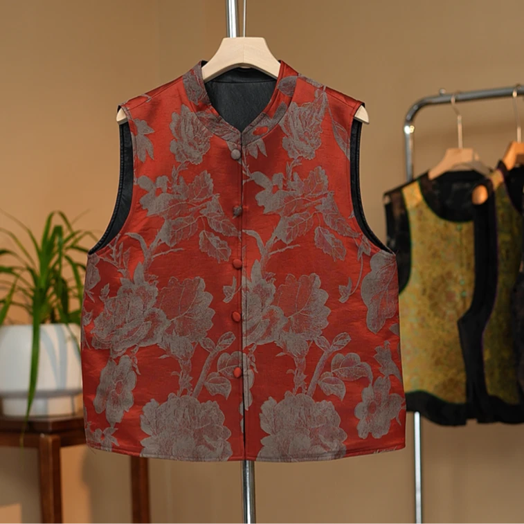 【红棠】新中式提花宽松复古国风红色马甲百搭优雅美衣马夹