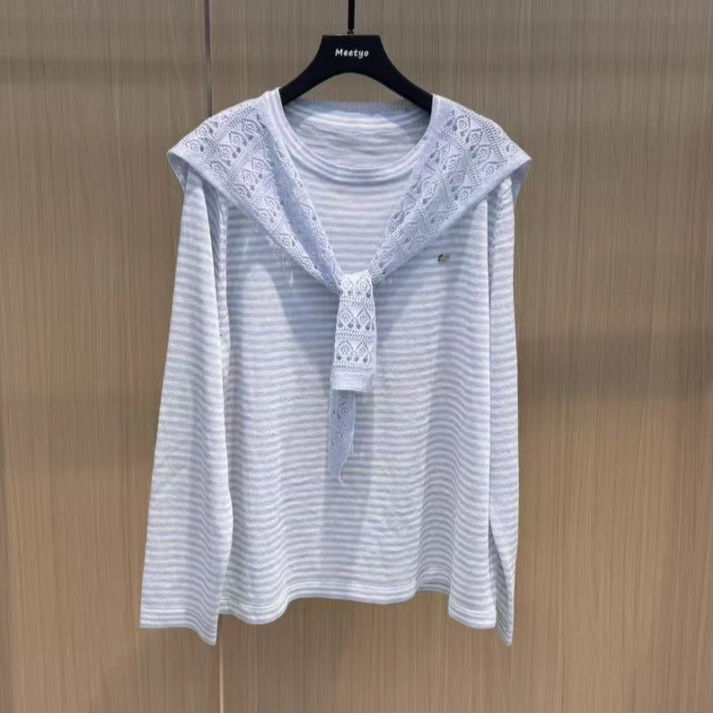 【清凉一夏】披肩针织衫长袖假两件宽松条纹百搭薄款显瘦上衣防晒衫