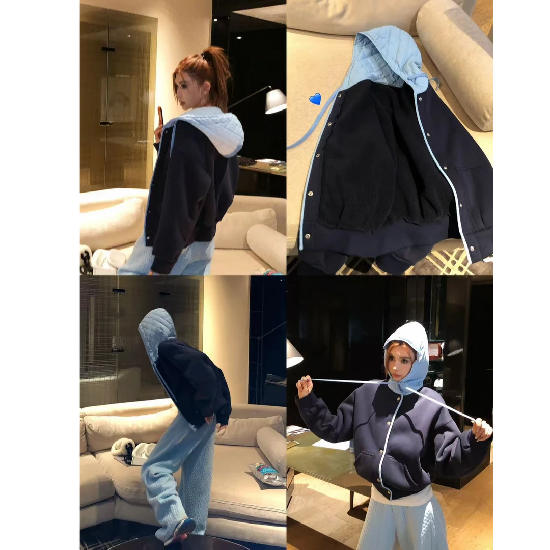 婉君T【加绒baby蓝】秋季设计感宽松百搭连帽加绒外套LWJ25D4C3377