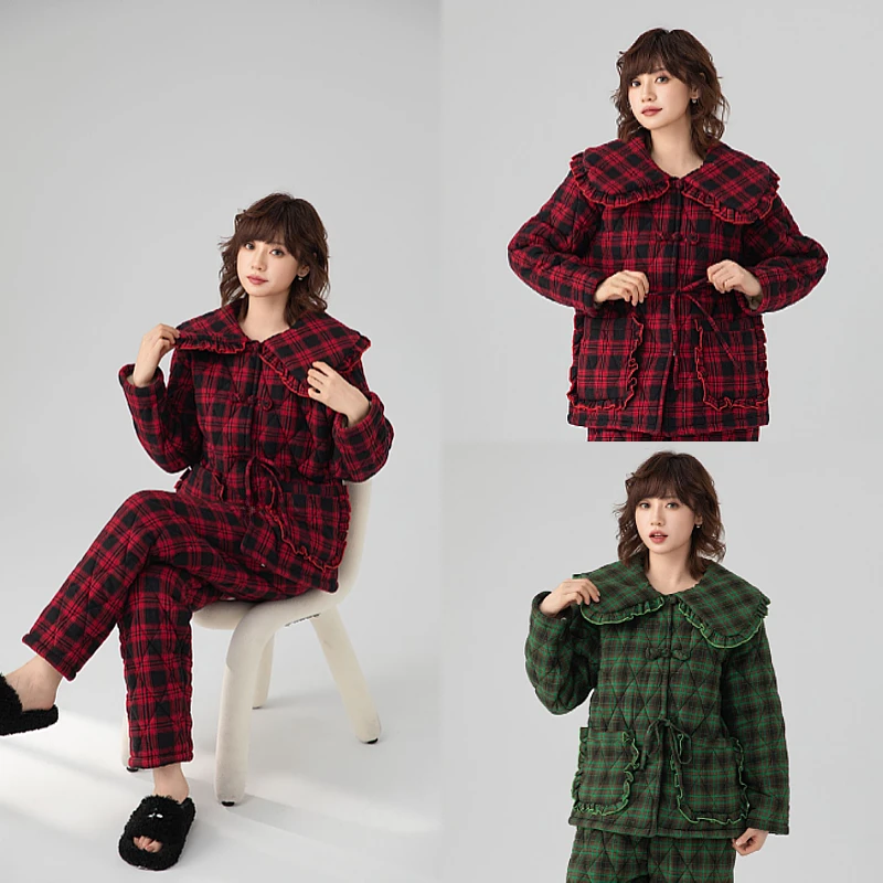 【李丽原创】2024新款女士加绒加厚睡衣三层夹棉冬季长款家居服套