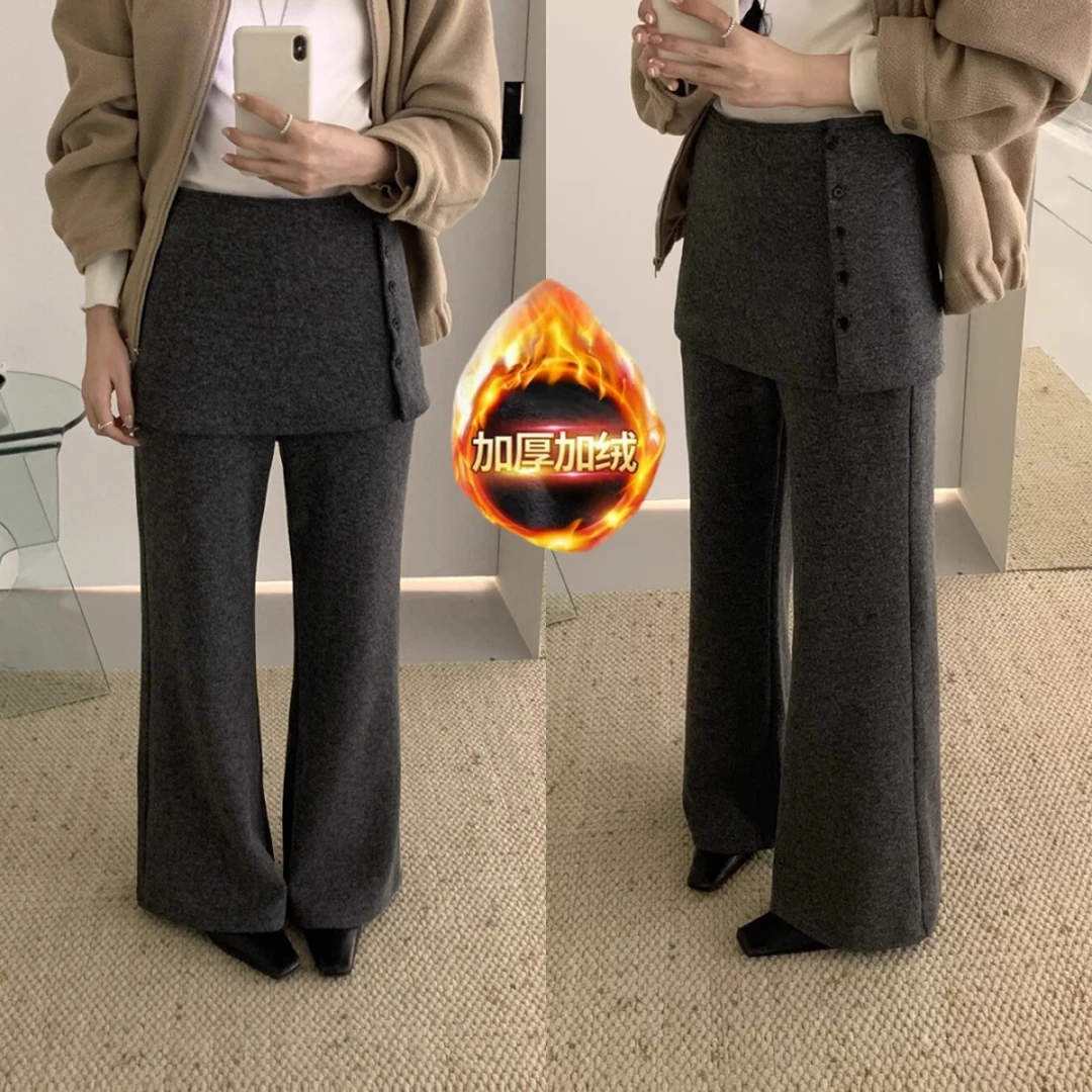 慵懒风叠穿屁帘直筒裤女冬季新款梨型身材遮胯显瘦加绒阔腿休闲裤