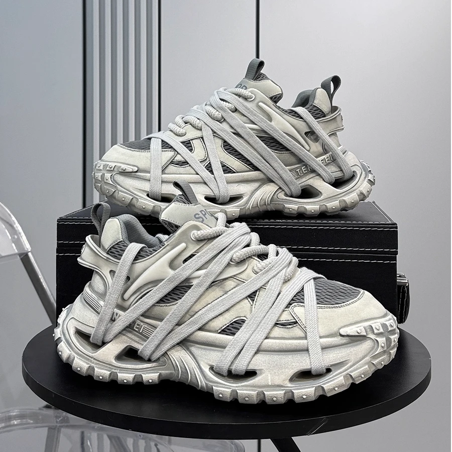 玛古芭男士轻奢老爹鞋复古潮流绑带痞帅个性休闲鞋厚底增高运动鞋