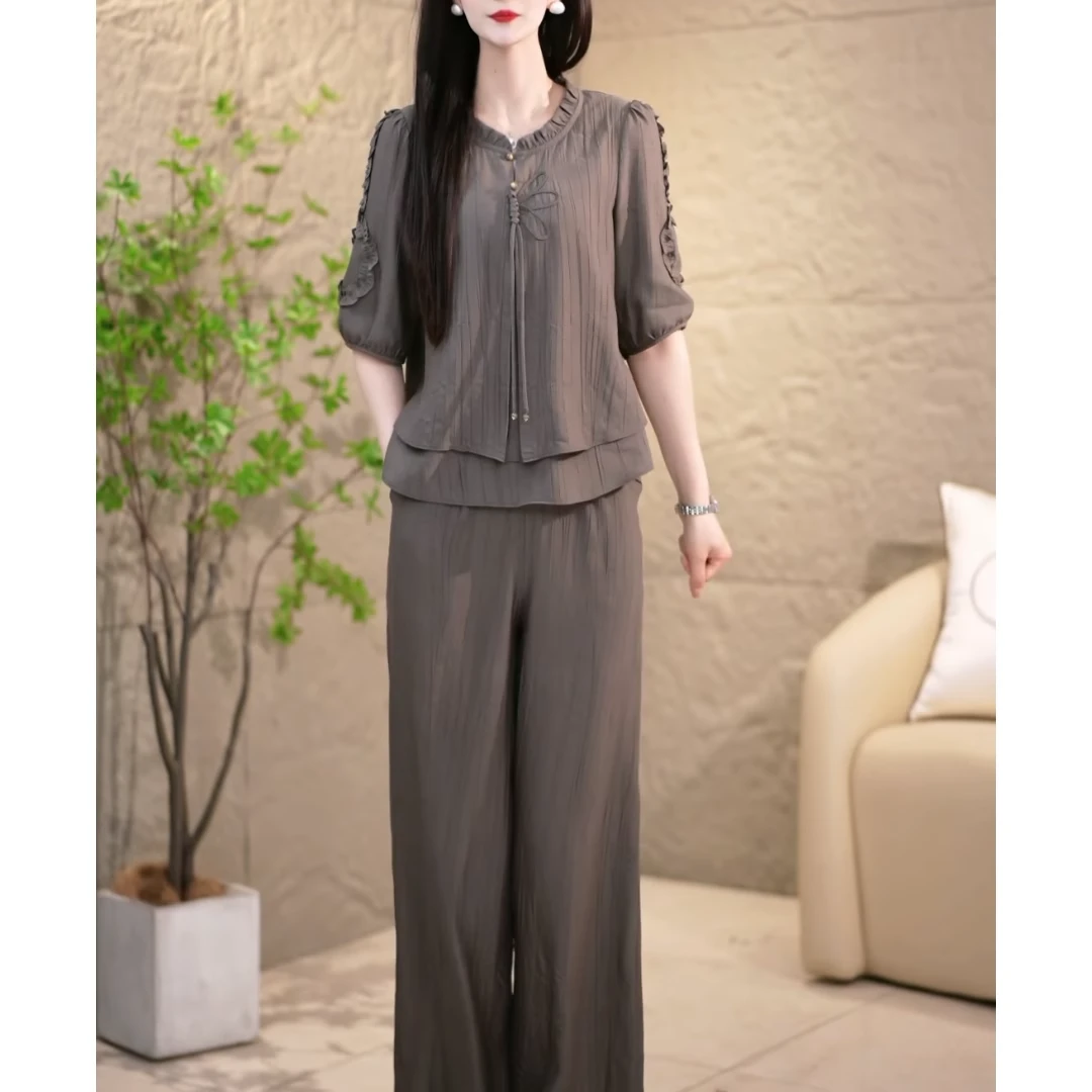 高端时尚短袖套装女2025夏季新款妈妈时髦通勤直筒裤休闲两件套裤
