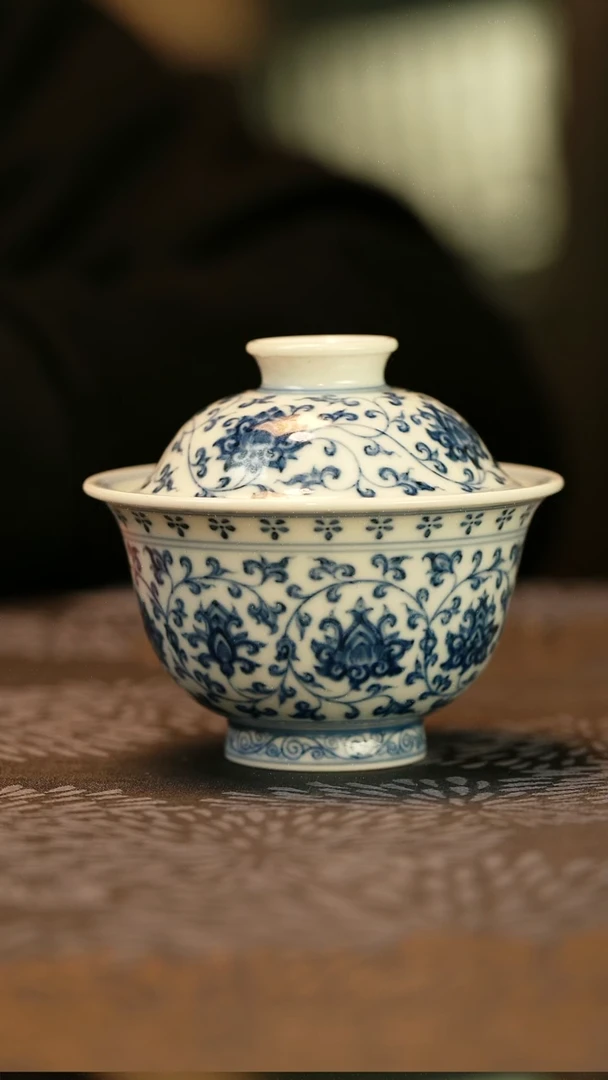 中式仿明缠枝莲压手盖碗