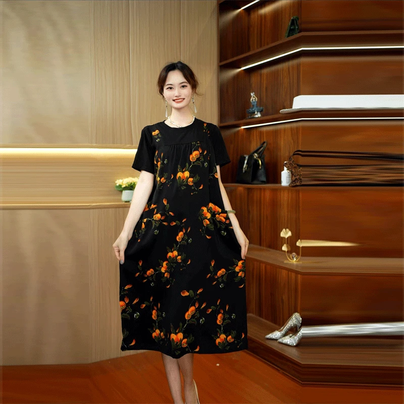 A-137 气质时尚洋气优雅印花显瘦连衣裙夏季新款收腰中长款裙子