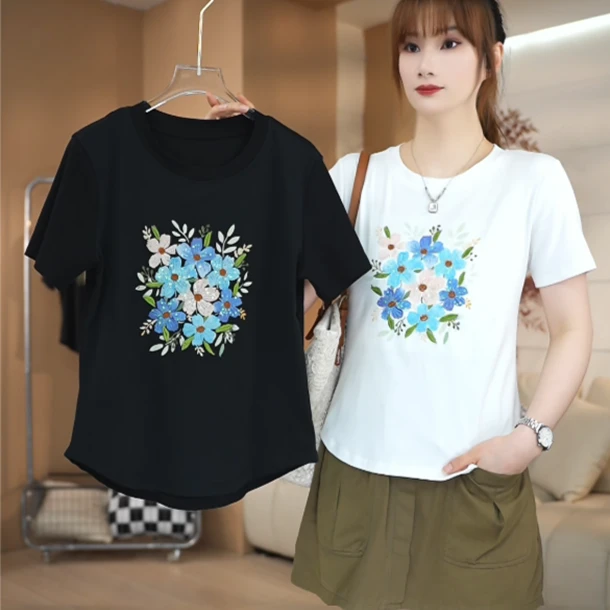 SHUOBAI/说白【印花+烫钻】减龄遮肉 修身显瘦 圆领领短袖T恤337#